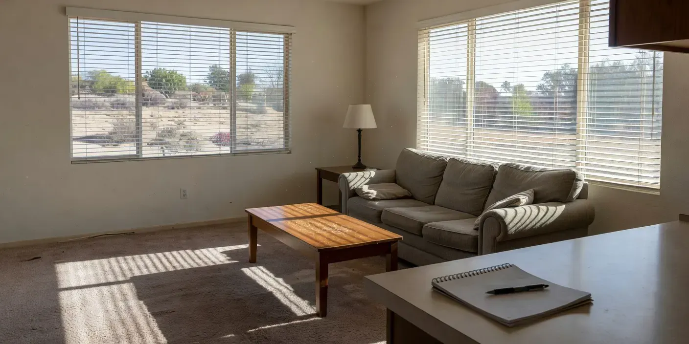 Riverside, CA living room with worn carpet, open blinds, and a notepad on a kitchen counter during a daytime walk-through