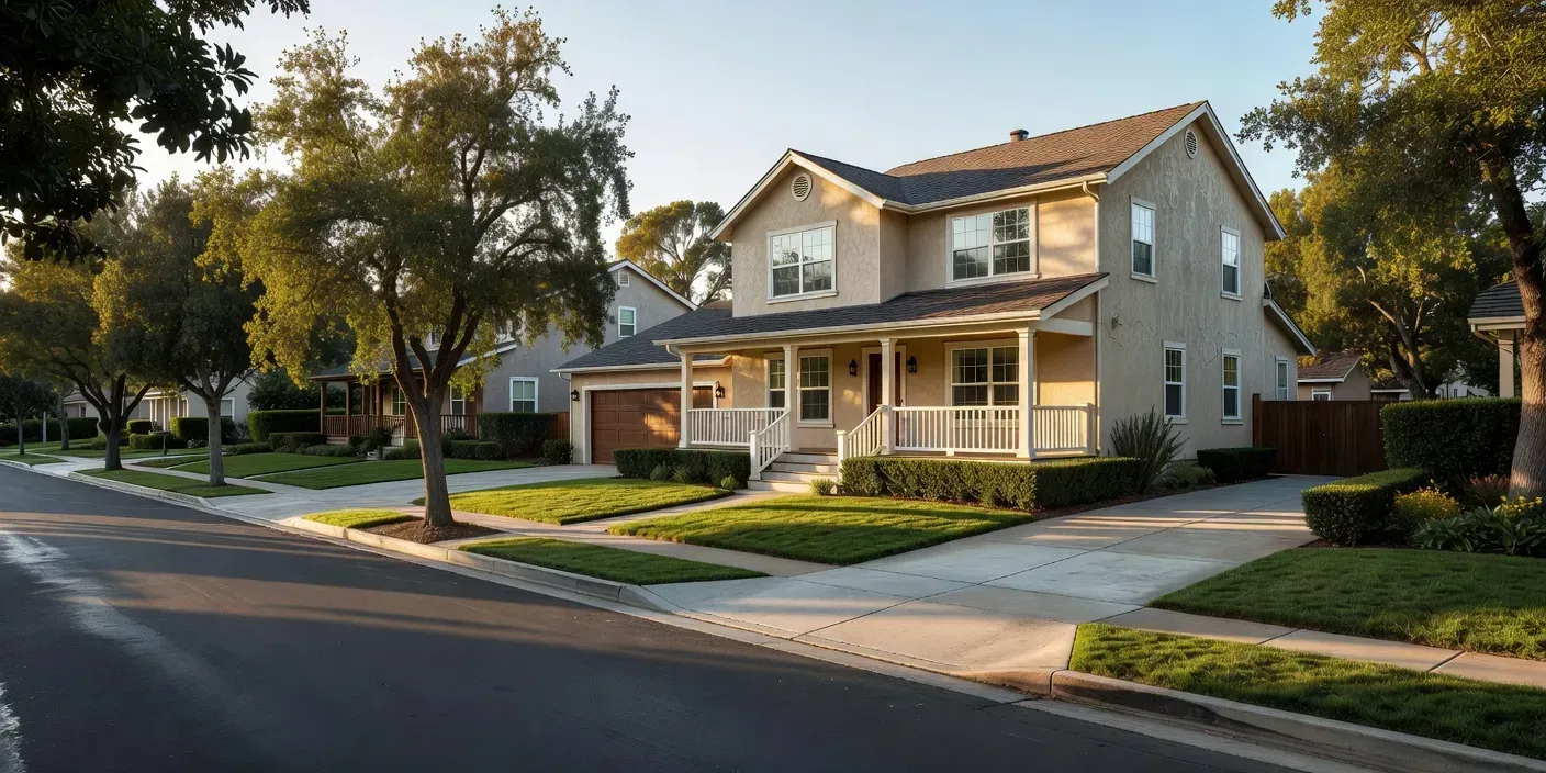 sunlit single-family home on a quiet Riverside residential street with a driveway and front lawn