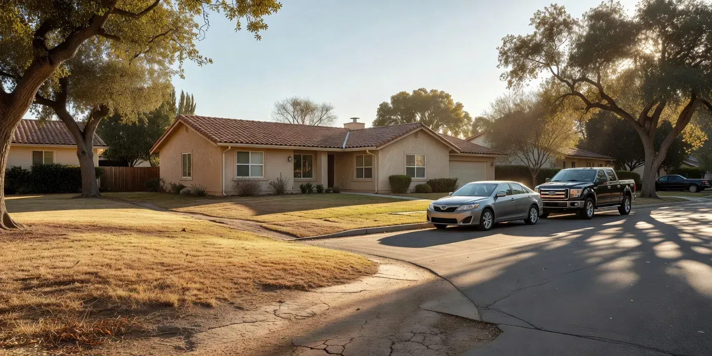sunlit single-family home exterior on a quiet Riverside residential street with dry lawn and parked cars