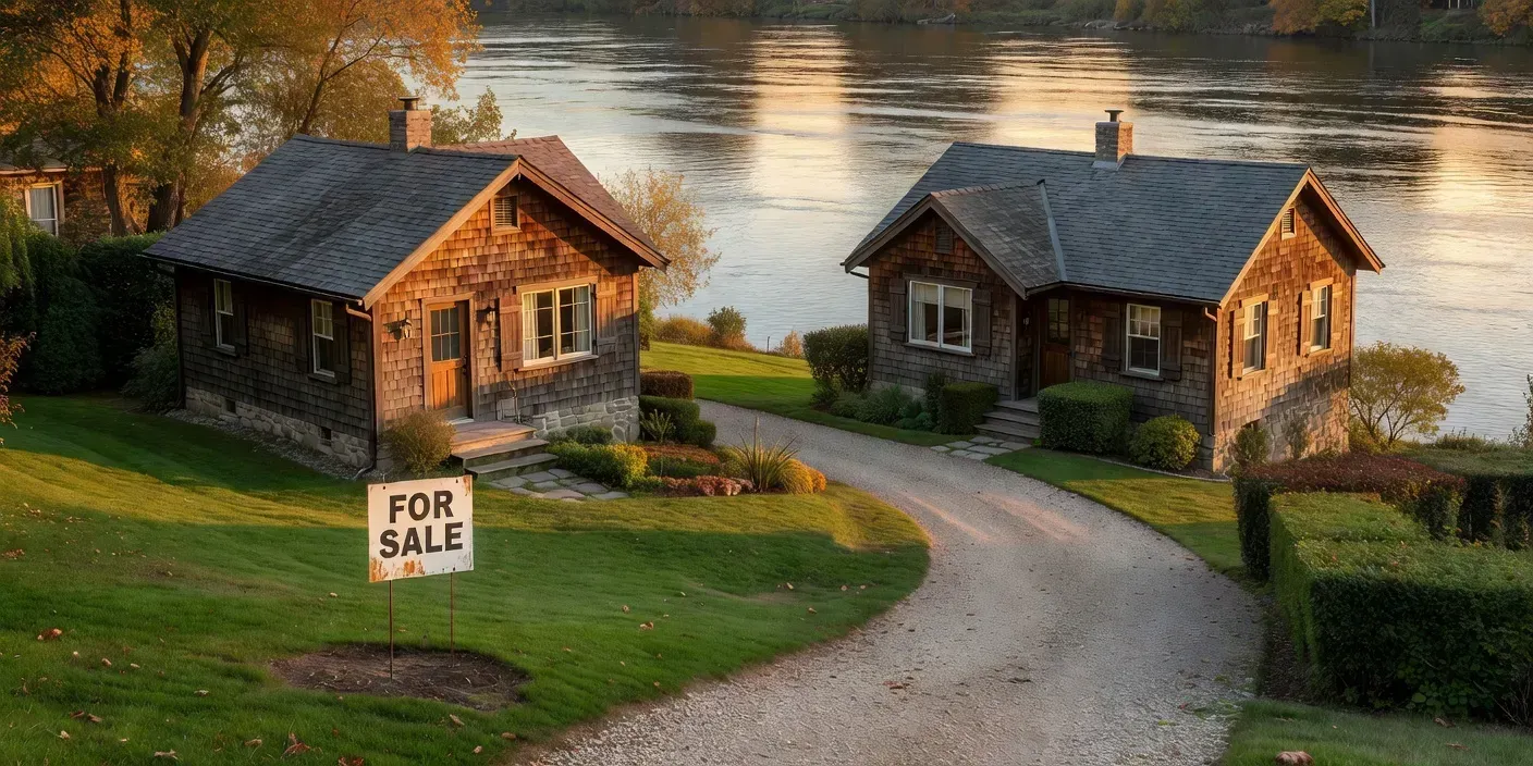 two neighboring Riverside bungalows at golden hour, one with a for-sale sign and one with a quiet driveway and no signage
