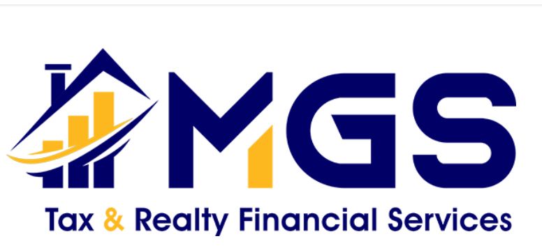 Logo of MGS Tax & Realty Financial Services, featuring house icon with bar graph and business letters in navy and gold.