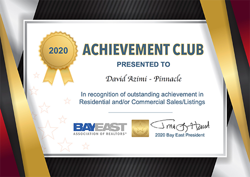 2020 Achievement Club award certificate with gold medal emblem and blue-gray text on a dark striped background