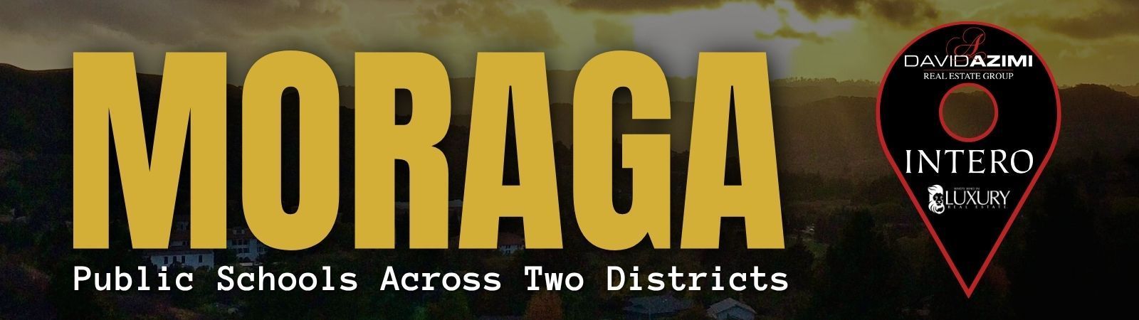MORAGA Schools & Stability banner with bold red text on a brown background and a black logo at right