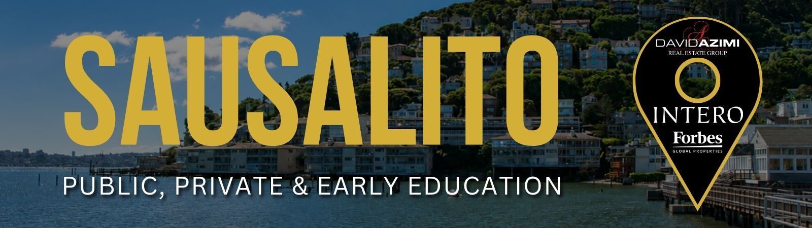 Sausalito travel poster with bold yellow title, bay view, and “Interlochen” logo badge on the right.