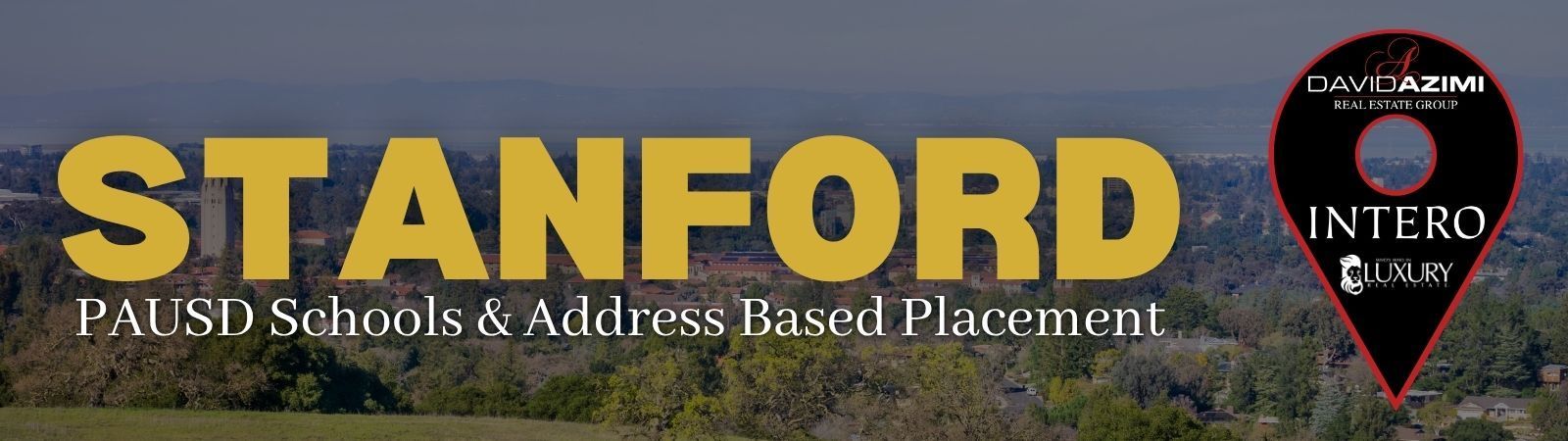 Stanford campus banner with “What Makes the Schools Stand Out” and an Interco map pin logo