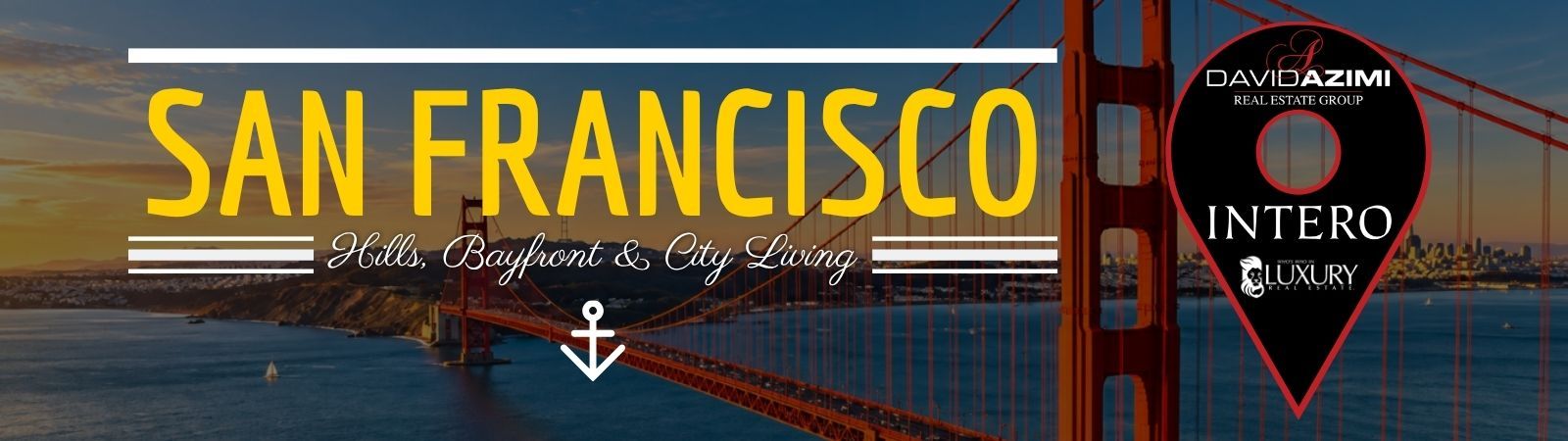 San Francisco skyline with the Golden Gate Bridge at sunset, overlaid with travel-style text and graphics