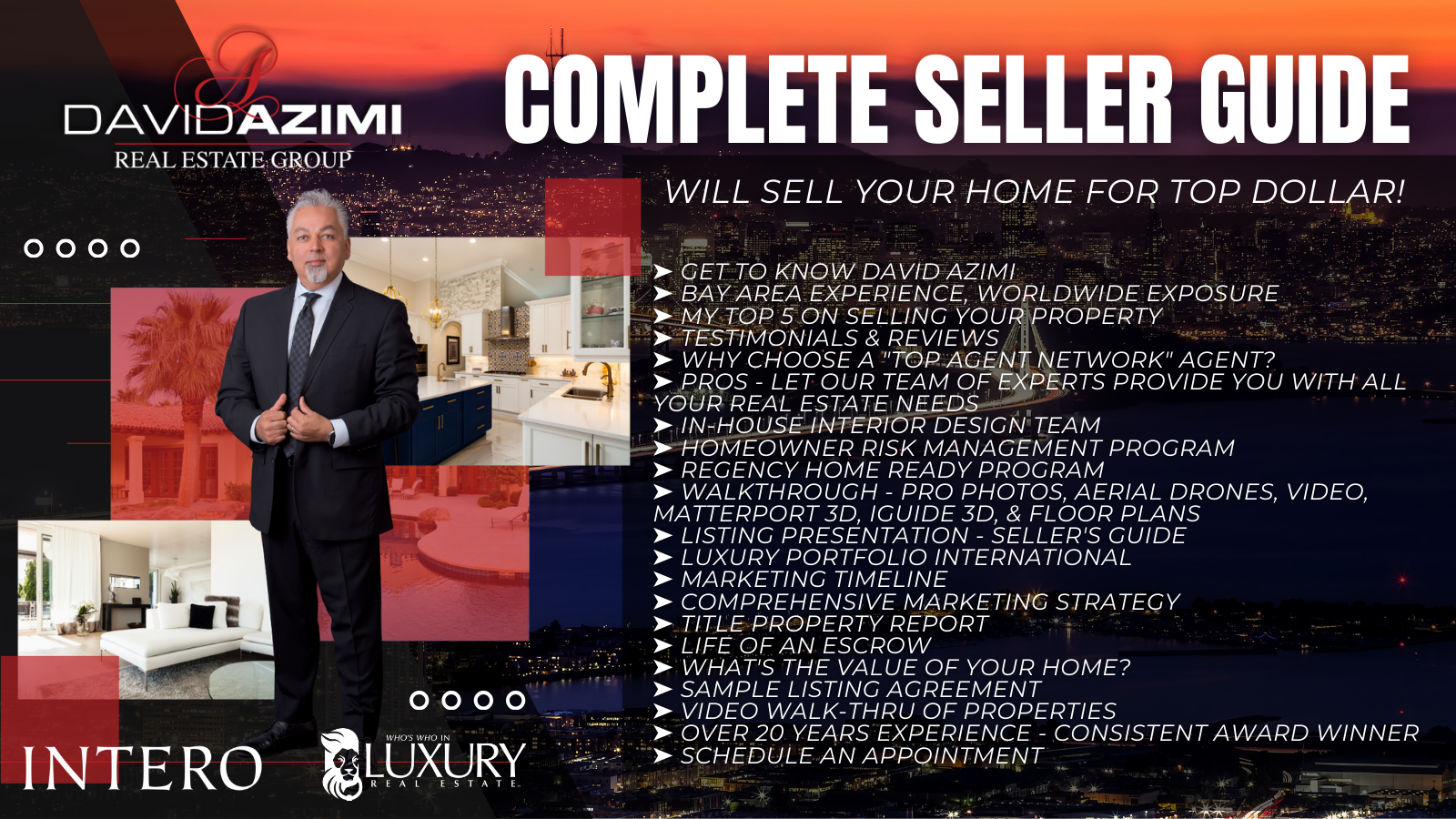 Promotional slide for David Azimi’s “Complete Seller Guide” with realtor photo and white text on dark background