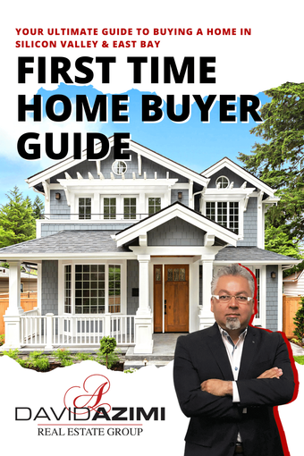 First-time home buyer guide cover with white house, bold title, and suited man standing at bottom right