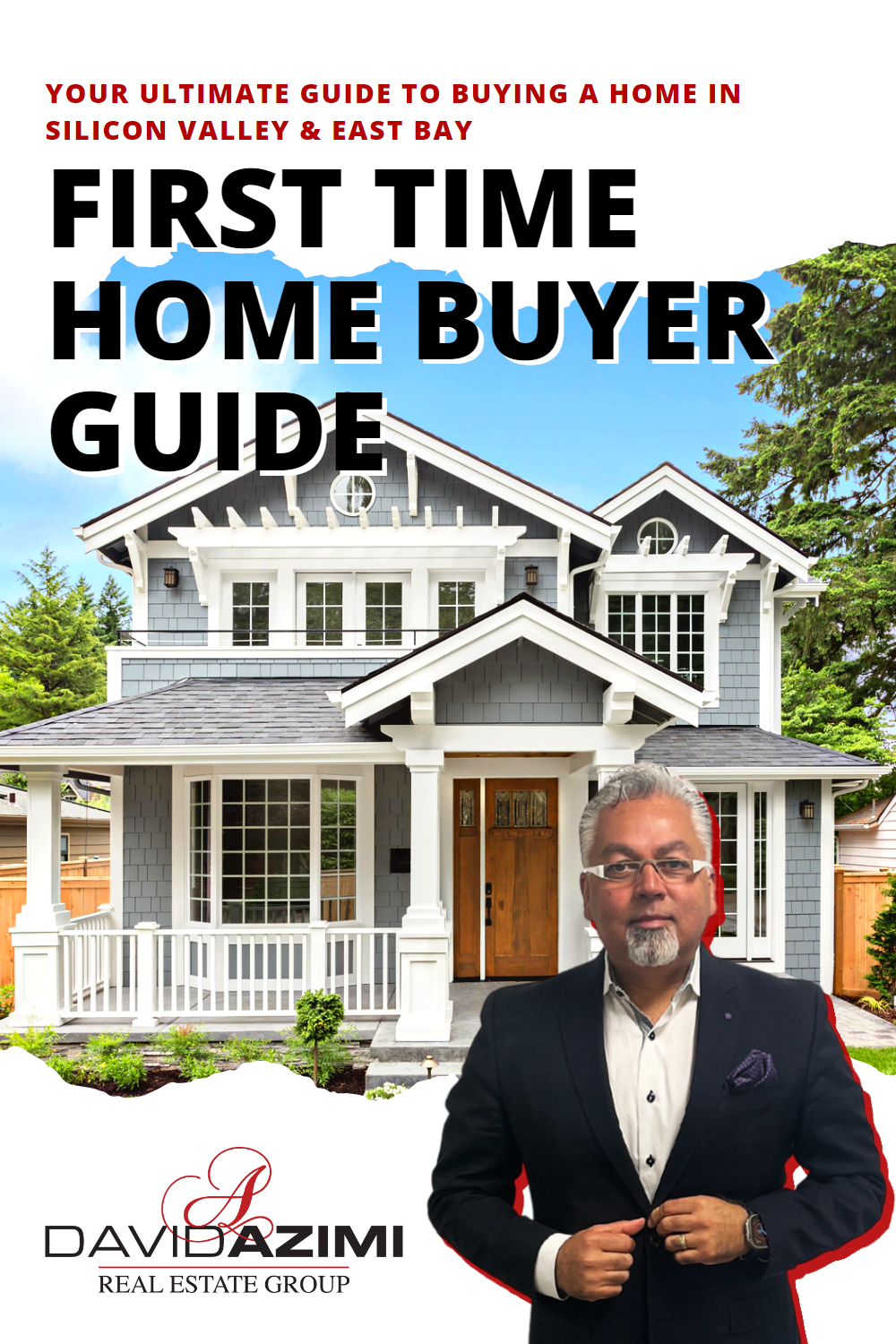 First Time Home Buyer Guide book cover with a house and a man in a suit in front of it