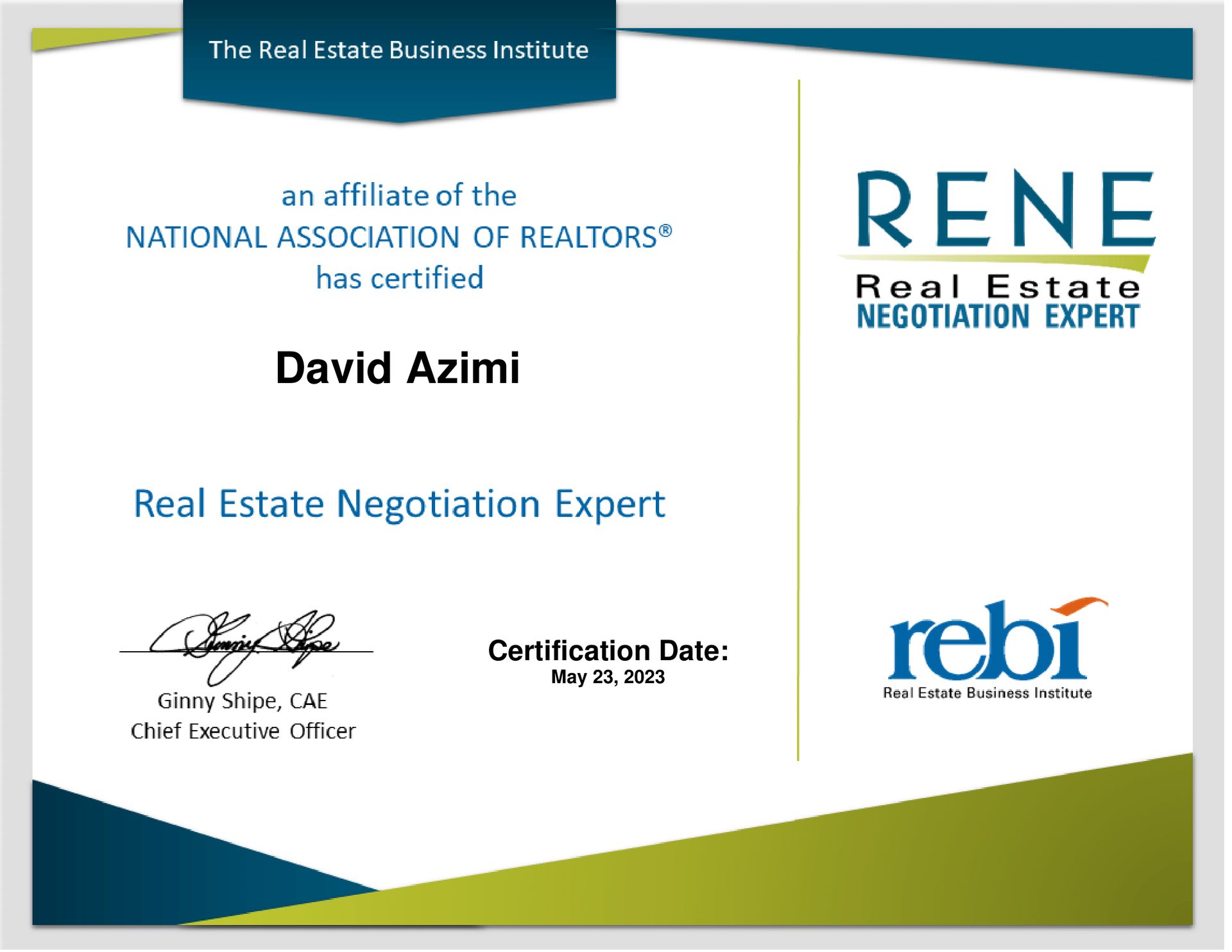 Real estate negotiation expert certificate for David Azimi, white and blue with REBI and RENE logos