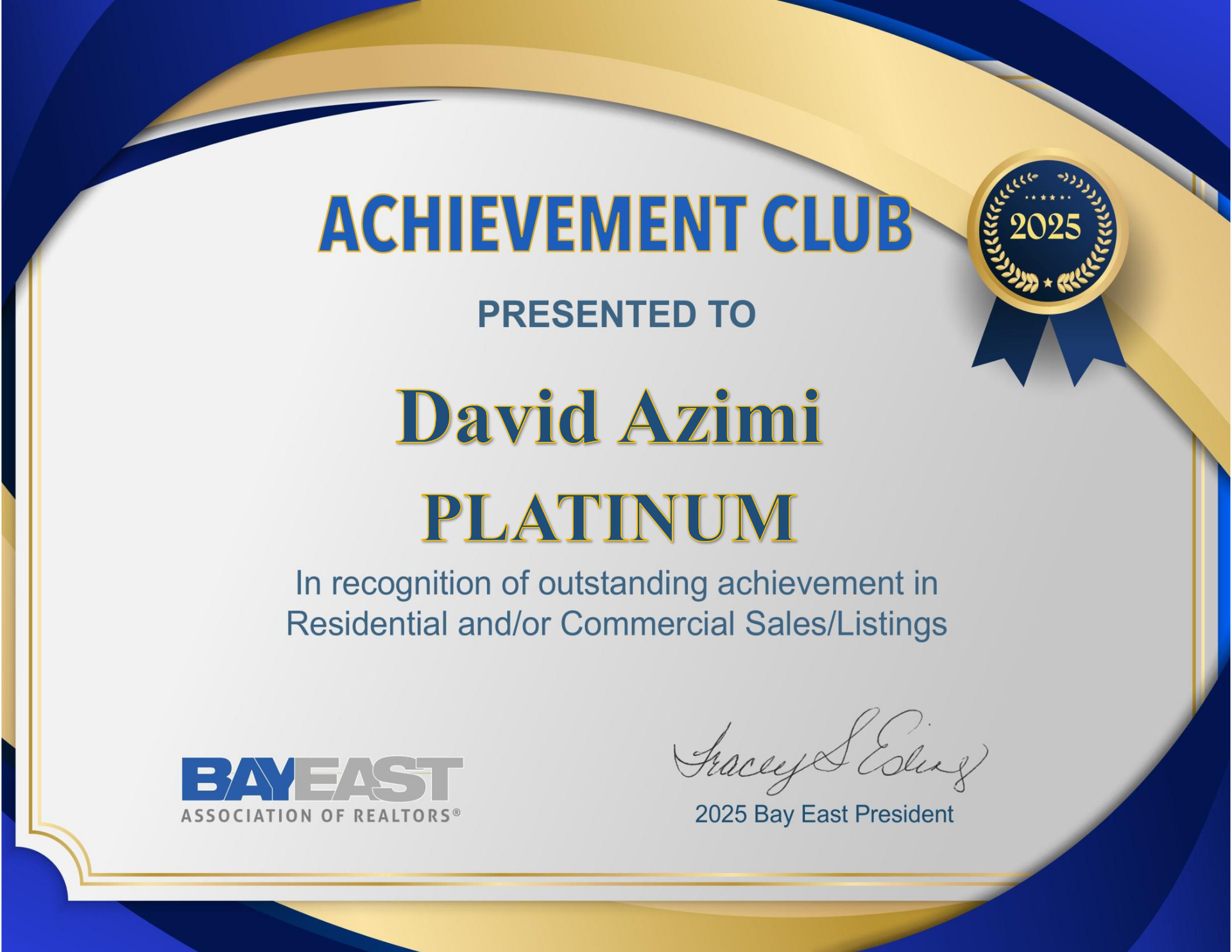 Achievement Club certificate for David Azimi, platinum level, with gold and blue ribbon seal.