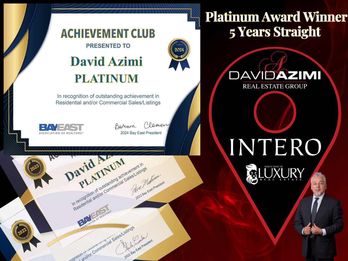 David Azimi platinum award collage with certificates and Intero Luxury branding on a red-and-black background