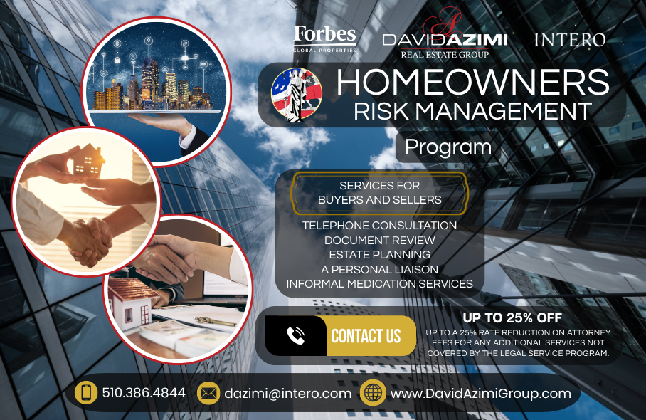 Homeowners risk management service ad with blue background, house, handshake, and gold contact button