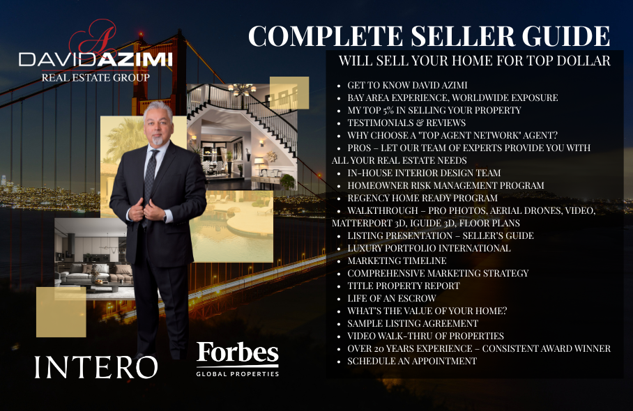 Real estate seller guide cover with agent, city skyline, and luxury home photos on a dark background