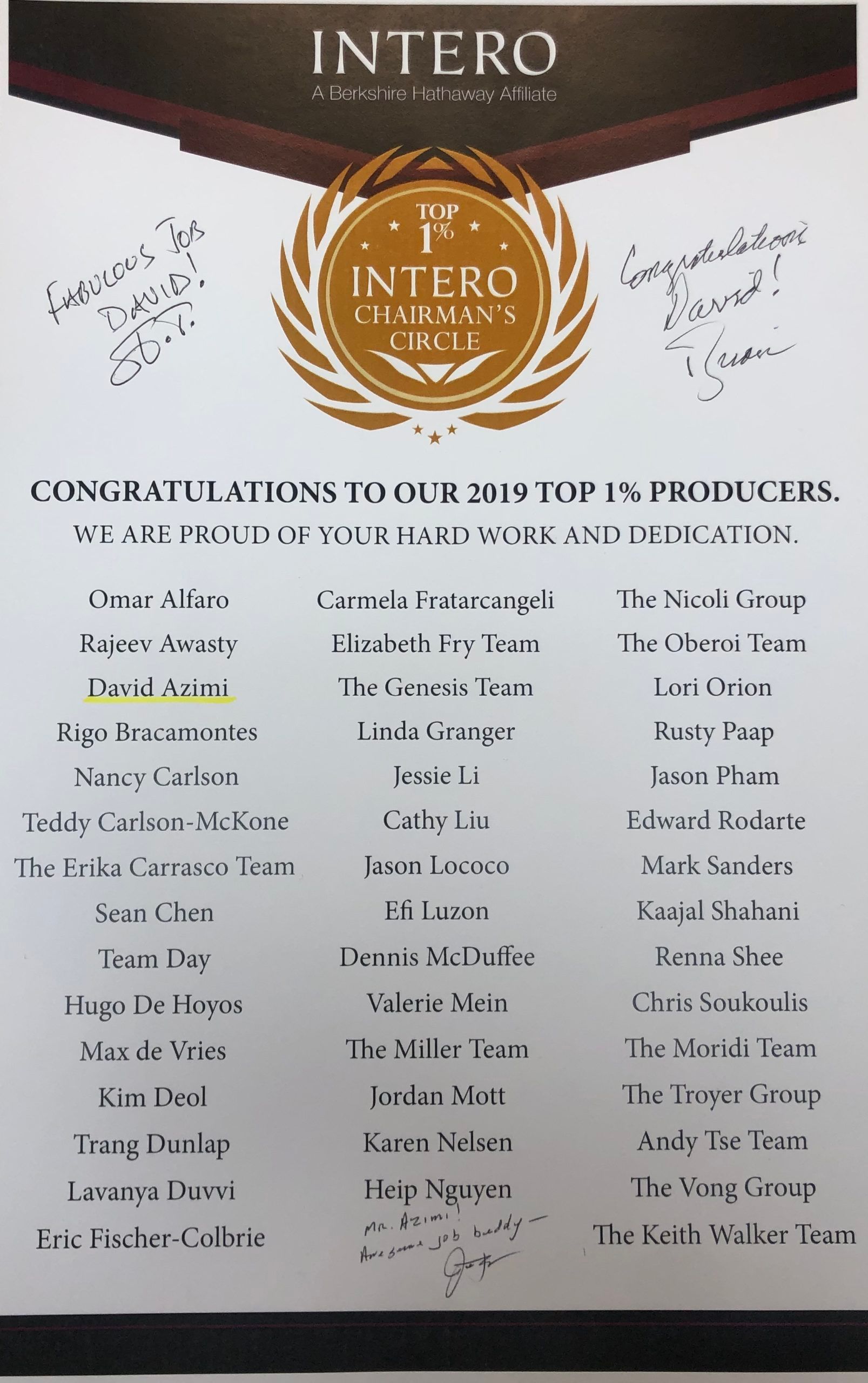 INTERO Realty congratulatory poster with gold emblem and three columns of names on a white background