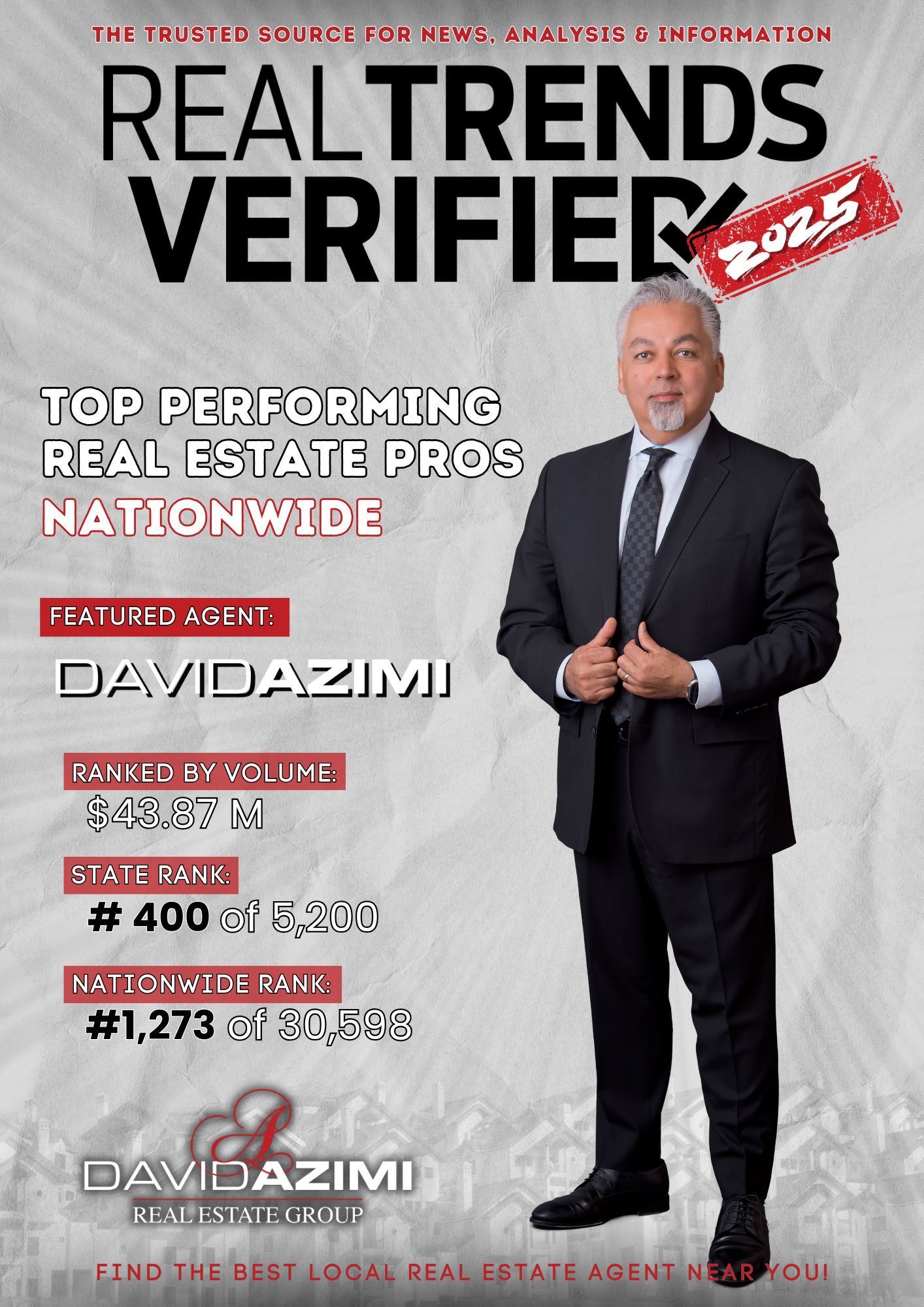 Real Trends Verified magazine cover featuring David Azimi in a dark suit on a gray background