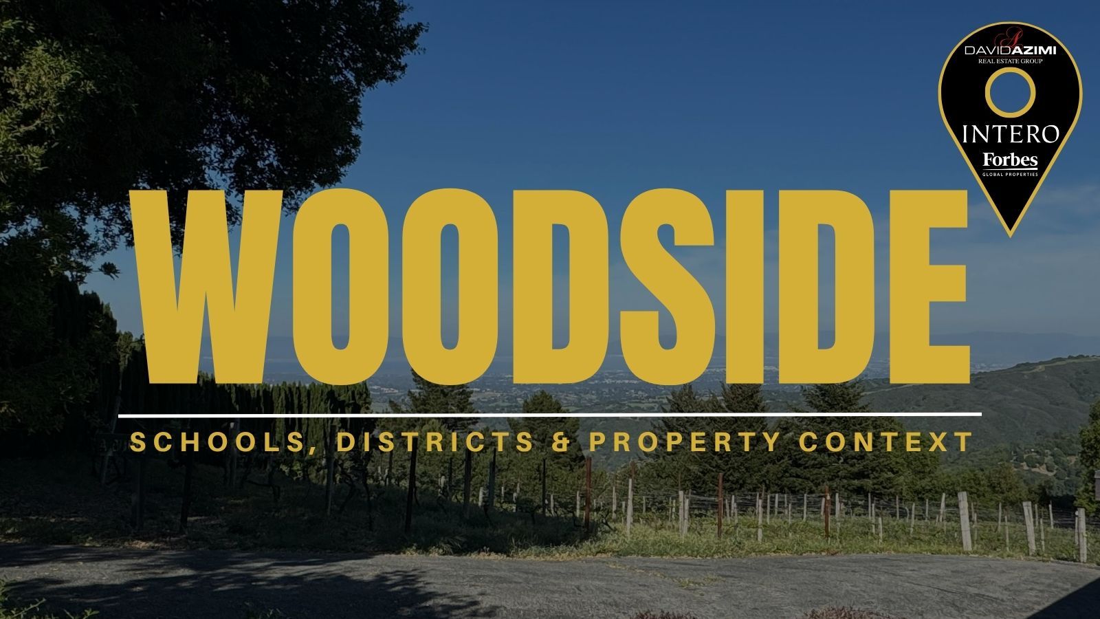 Woodside school campuses, district programs, and nearby homes across the local Peninsula landscape.