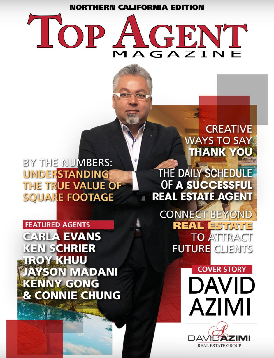 Top Agent Magazine cover featuring David Azimi in a suit, with red and white text on a gray background