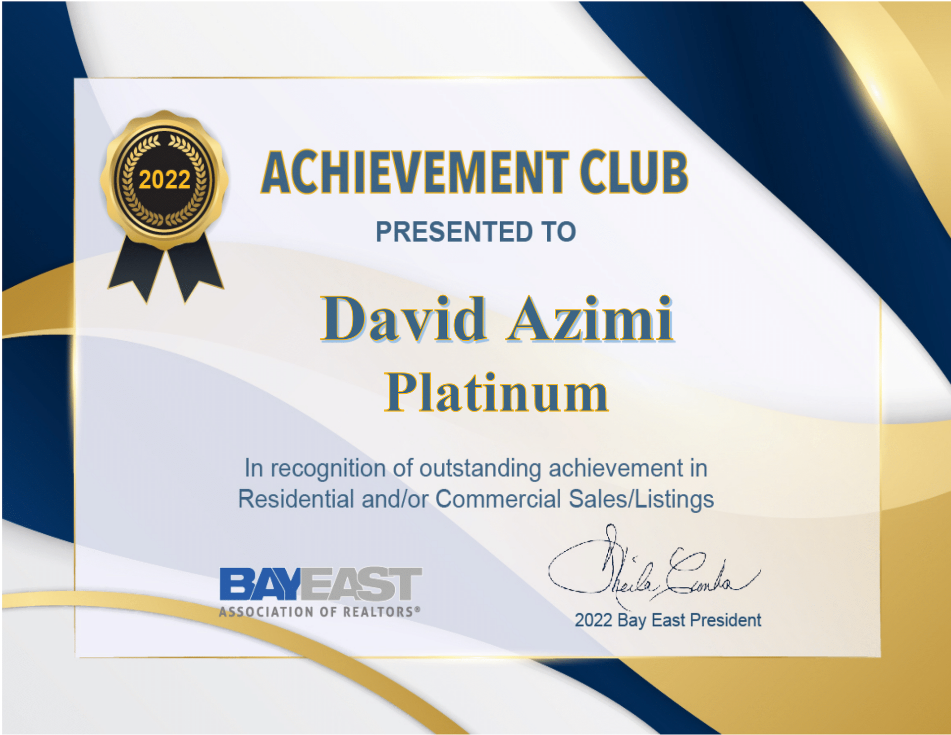 Achievement Club Platinum certificate for David Azimi, blue and gold with signatures and 2022 seal