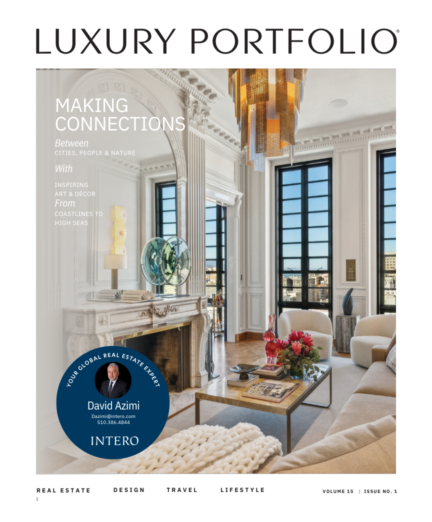 Luxury portfolio cover featuring a bright modern living room with white decor and gold accents.