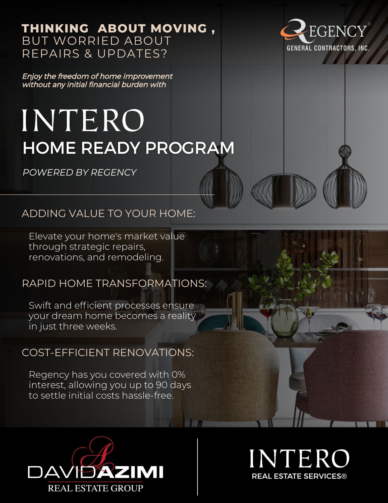 Interior home ready program flyer with dark decor photos and white text, featuring Regency and Daviazimi branding