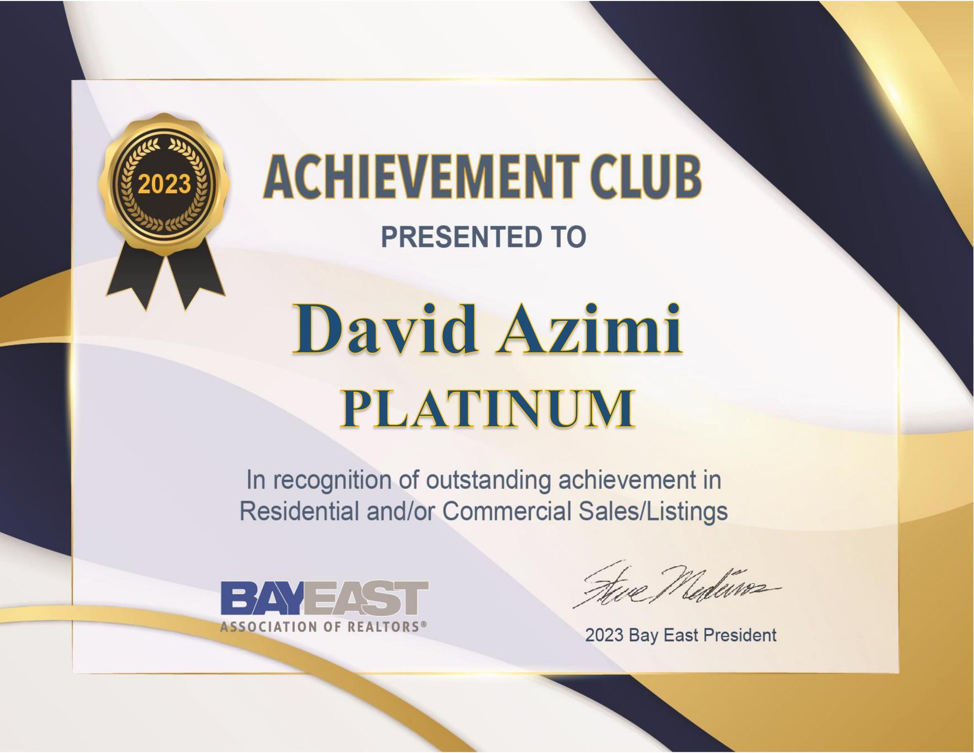 Achievement Club award certificate for David Azimi, Platinum, with gold and navy accents