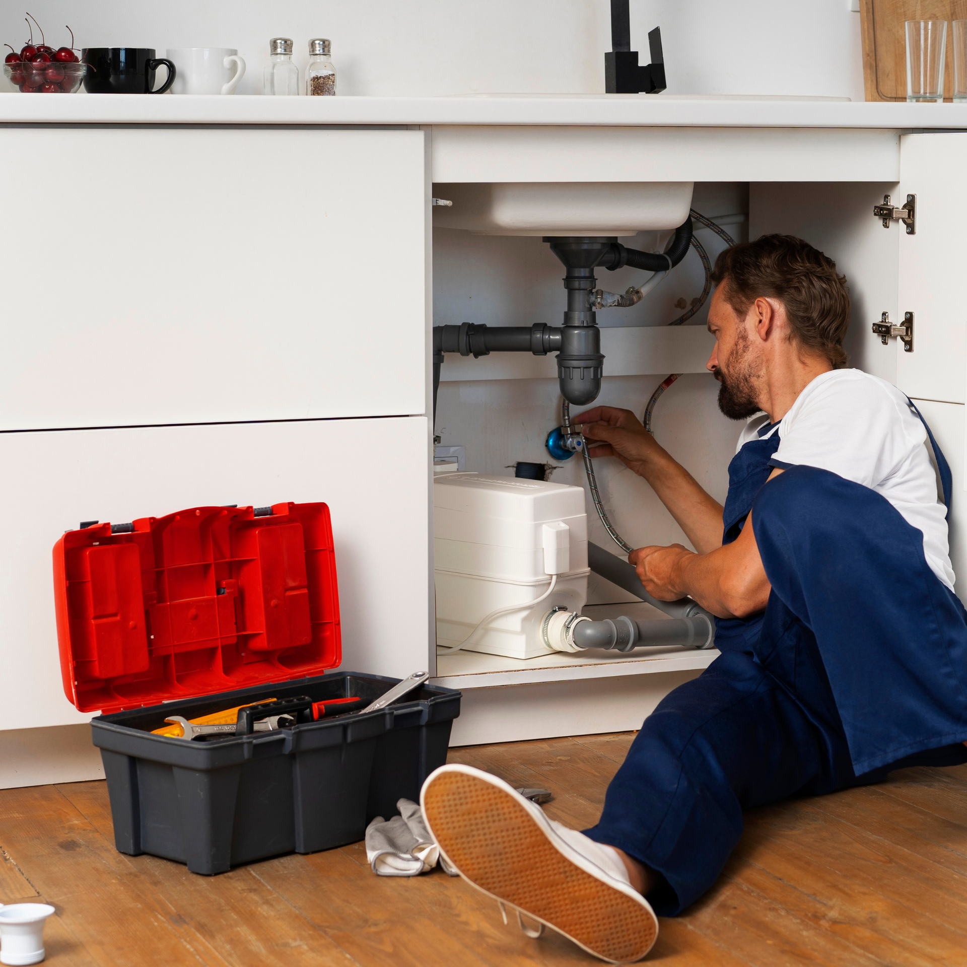 Air conditioning units with toolbox and gloves in backyard.