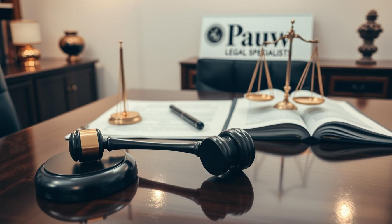A judge 's gavel and scales of justice are on a wooden table.