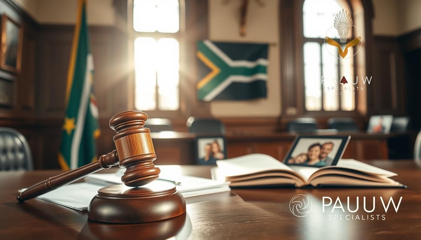 A judge 's gavel is sitting on top of a wooden table in a courtroom.
