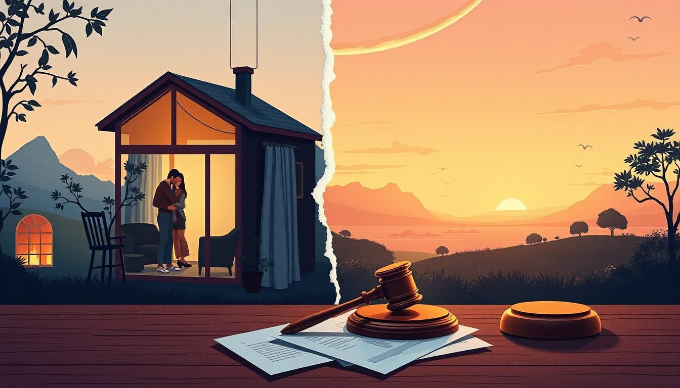 An illustration of a judge 's gavel sitting on a table next to a house.