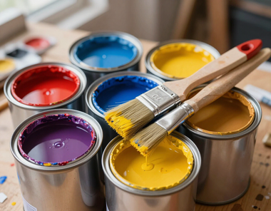 Abrir latas de pintura de color rojo, azul, amarillo, morado y dorado con pinceles sobre una mesa de trabajo