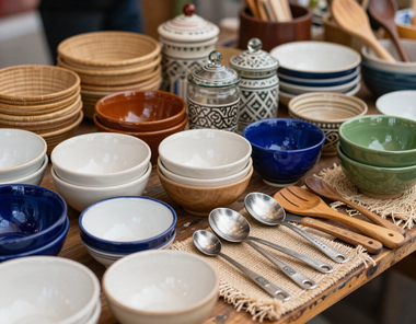 Cuencos, platos y cucharas de cerámica apilados y expuestos sobre una mesa en una tienda de artículos de cocina.