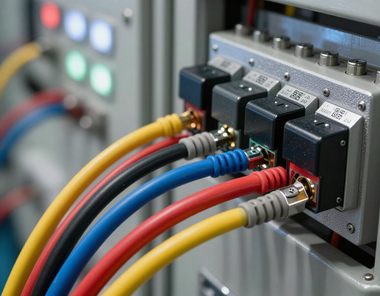 Primer plano de cables de colores conectados a paneles de control industrial y conectores.