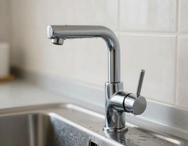 Grifo de cocina cromado sobre un fregadero de acero inoxidable con un protector contra salpicaduras de azulejos blancos.