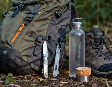 Equipo de acampada: mochila, botas de montaña, botella de agua, cuchillo y recipiente pequeño