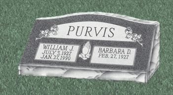 Purvis family gravestone with William J. and Barbara J. names engraved on a gray headstone