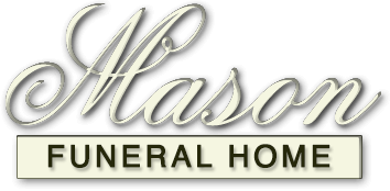 Mason Funeral Home logo in silver script and black block letters on a light background