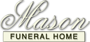 Mason Funeral Home logo in silver script and black block letters on a light background