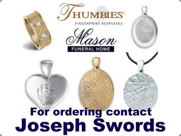 Promotional ad for Thimbies jewelry keepsakes by Mason Funeral Home, with necklace pendants and contact Joseph Swords
