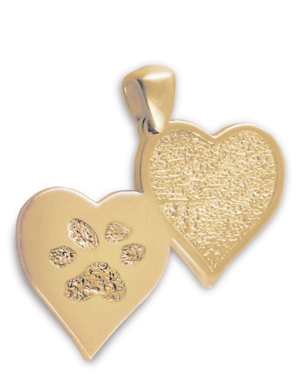 Gold heart-shaped pendant with a paw print and textured heart design