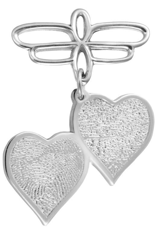 Silver dragonfly charm with two dangling heart pendants