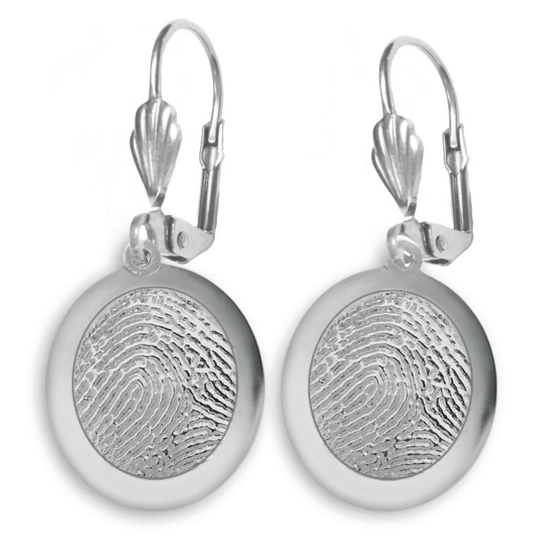 Silver fingerprint charm earrings on leverback hooks, shown in a pair.