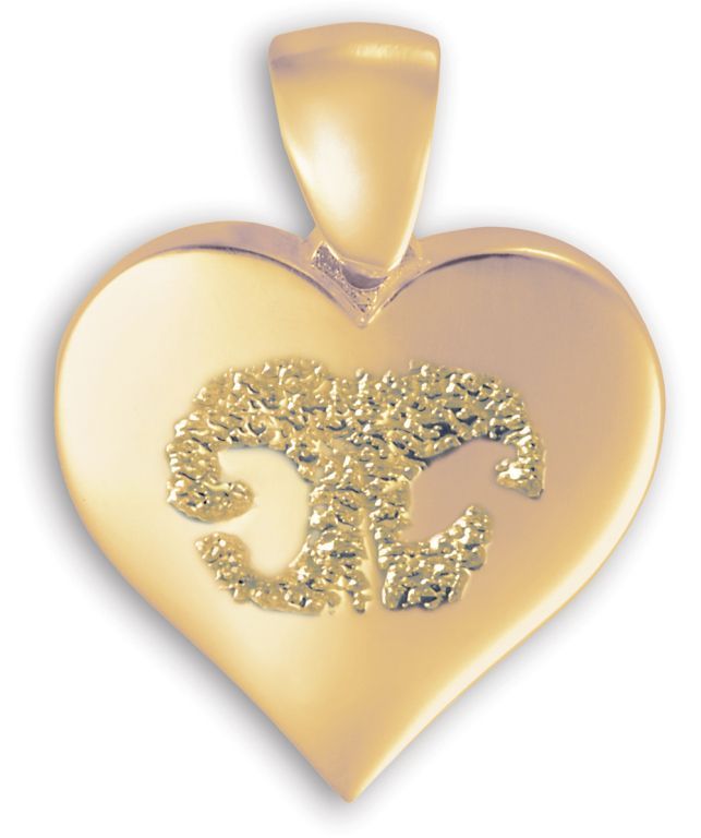 Gold heart-shaped pendant with a glittering decorative design and a matching bail on top
