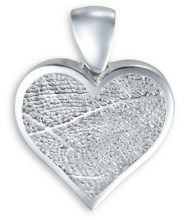 Silver textured heart pendant with a polished border and bail on a white background