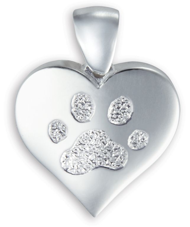 Silver heart pendant with a sparkling paw print design