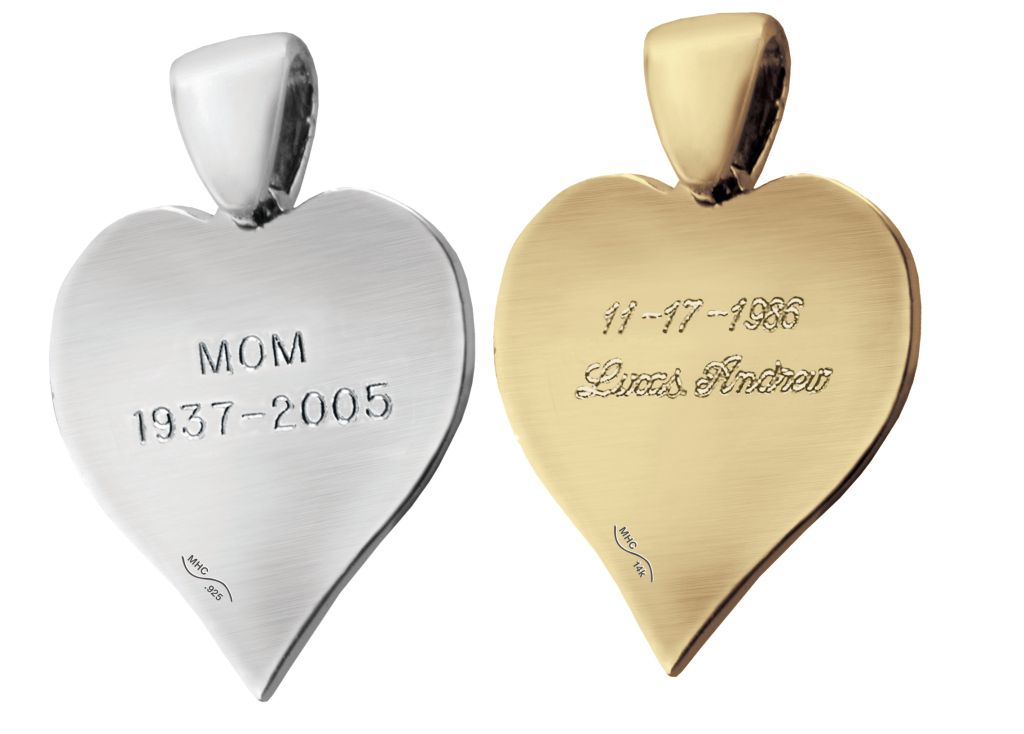 Two heart-shaped pendants, one silver engraved “MOM 1937-2005” and one gold with a personal inscription.