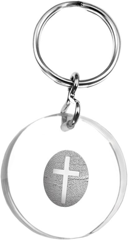 Clear round keychain with a silver cross charm on a metal ring