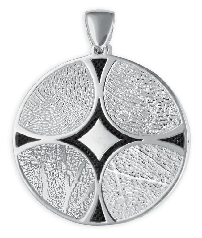 Silver circular pendant with four textured teardrop panels around a small center opening