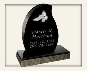 Black upright memorial headstone with engraved dove, name Frances K. Morrison, and dates on a base