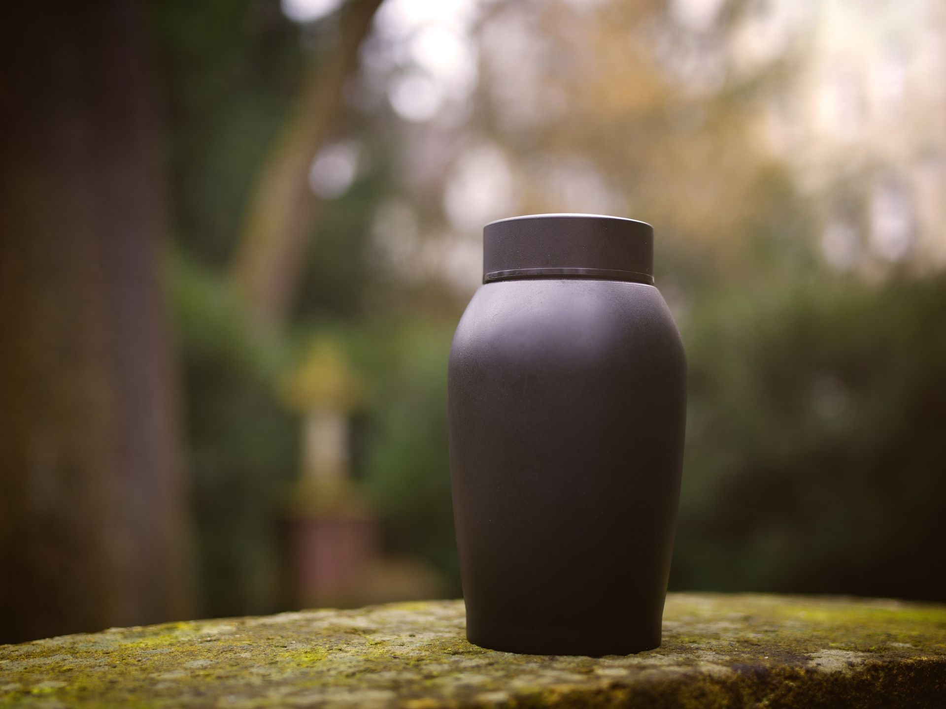 Black travel mug on a moss-covered stone with a blurred outdoor background.